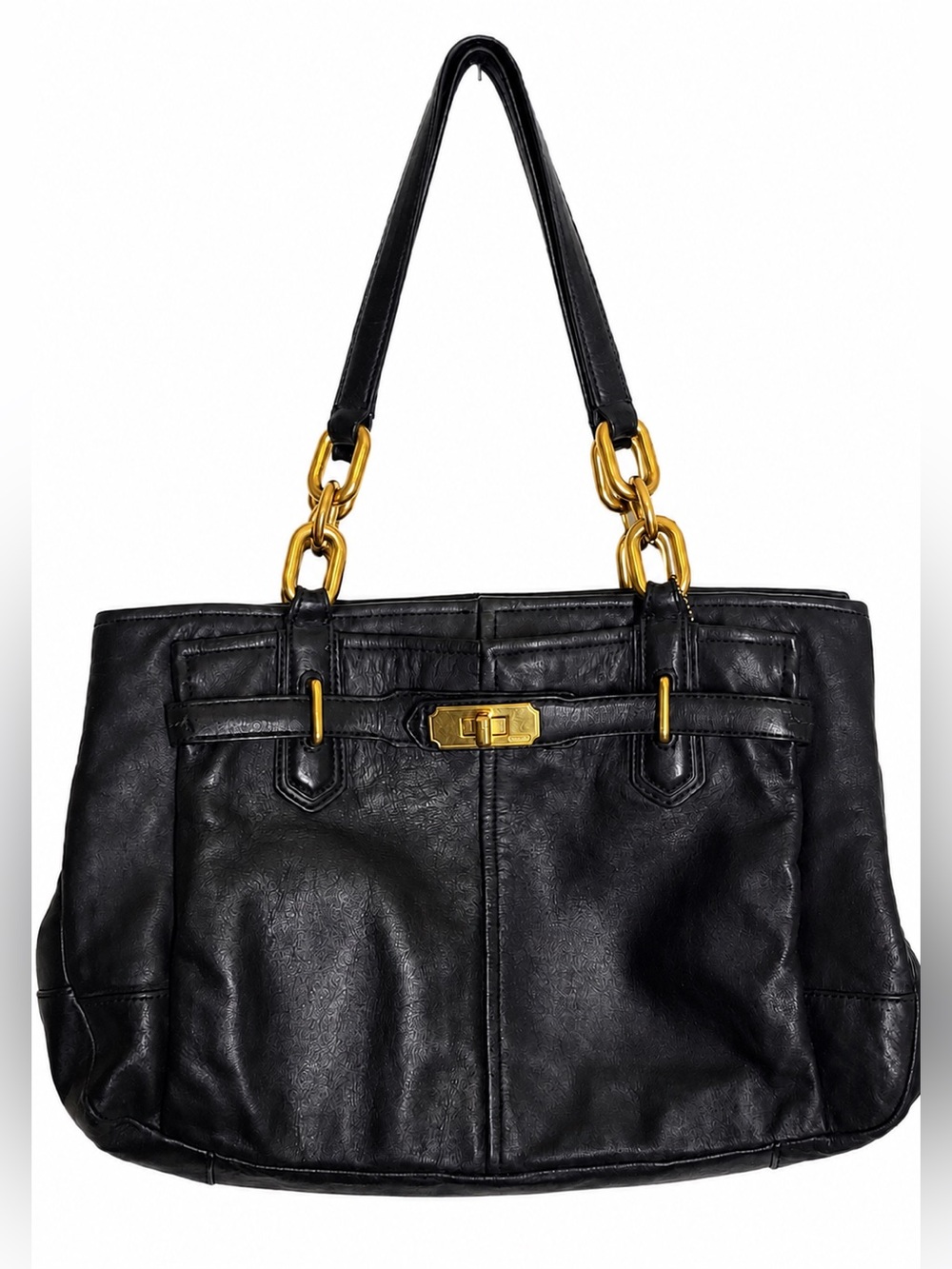 Coach Chelsea Jayden Black Leather Carryall East West Satchel Turn Lock Bag